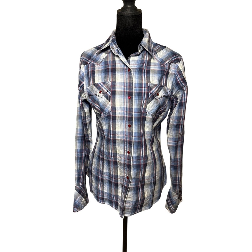 Roper Women's Blue Plaid Western Snap Button Long Sleeve Shirt Small Rodeo